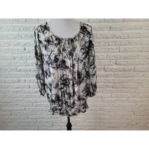 Alfani Womens Top 16W 3/4 Sleeve Semi Peplum Sheer Black Watercolor WAT133E